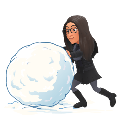 Bitmoji of Colleen rolling a giant snowball