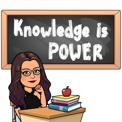 Bitmoji of Tess in front of blackboard stating "Knowledge is Power"