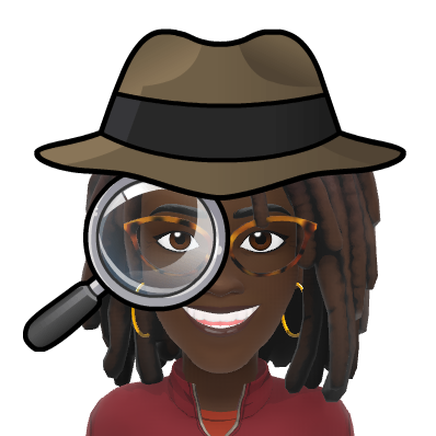 Black Woman BitMoji with dreadlocks and a detective hat holding a magnifying glass. Caption says "Searching."
